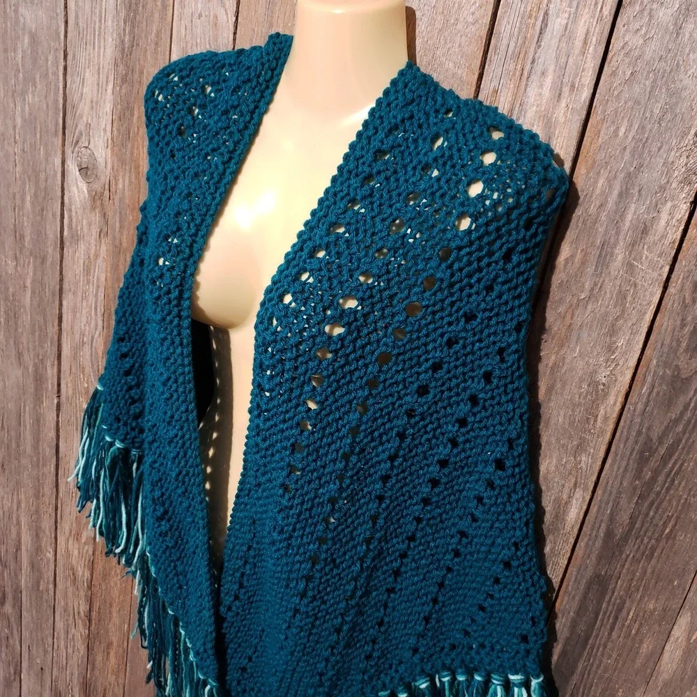 NEW Teal Blue Hand Knitted‎ Shawl Wrap Boho Hippie Fringe Coastal Cottage Indie